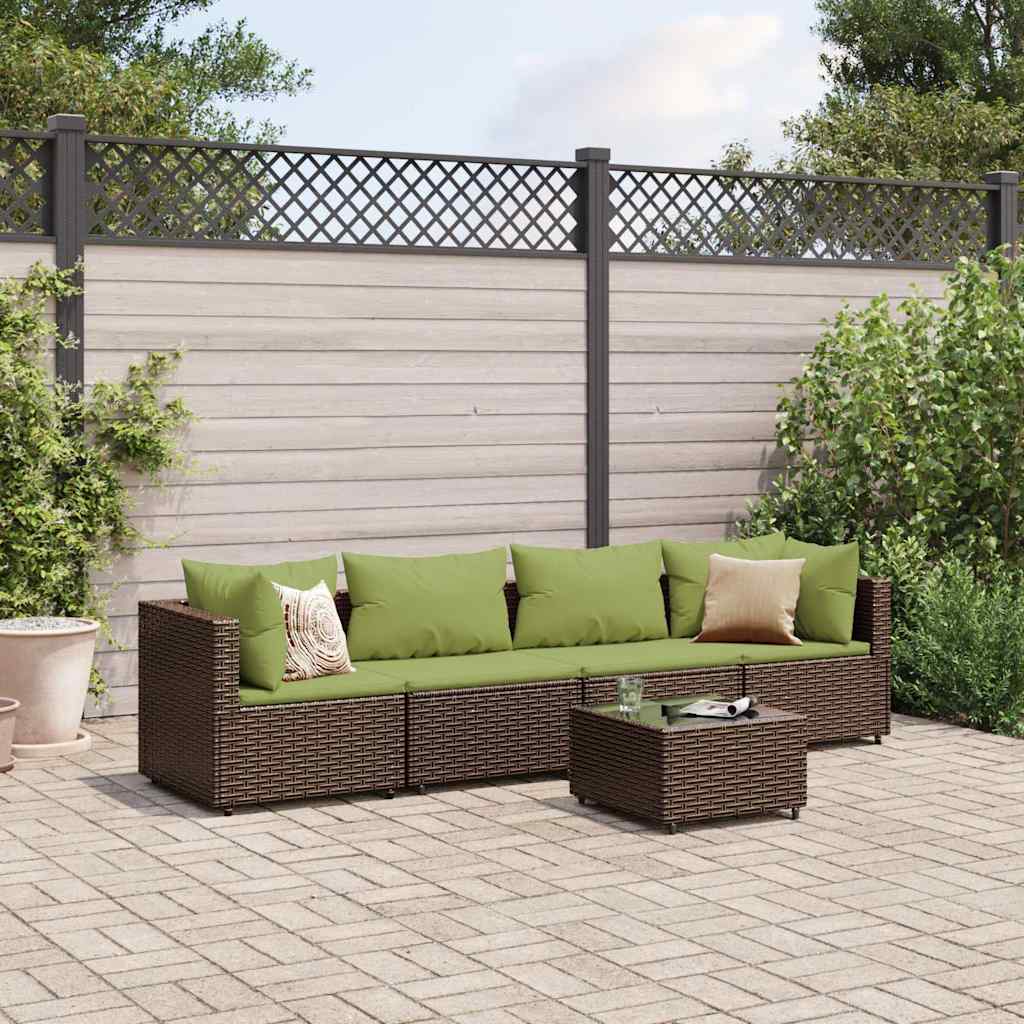5-delige Loungeset met kussens poly rattan bruin – afbeelding 1