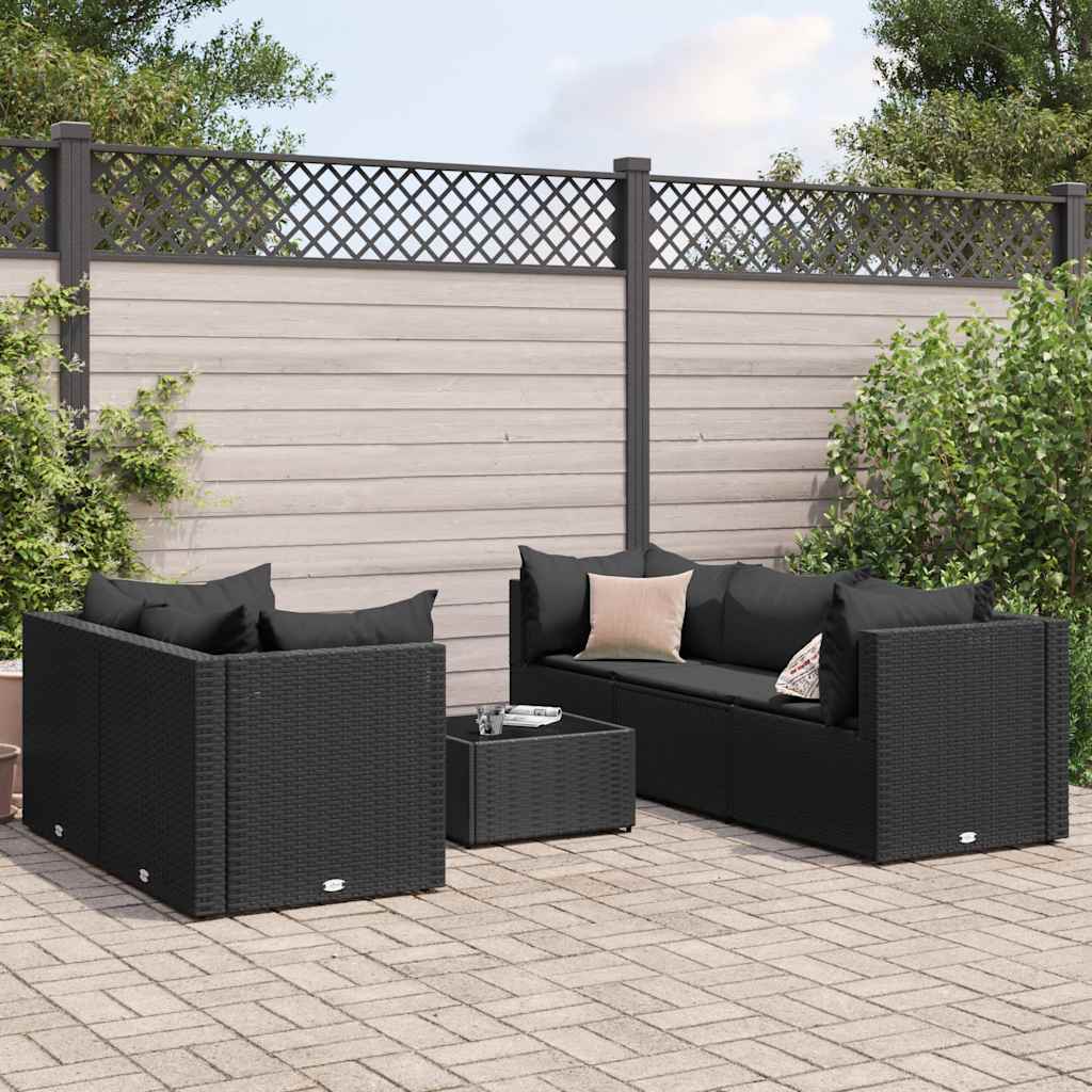 6-delige Loungeset met kussens poly rattan zwart – afbeelding 1
