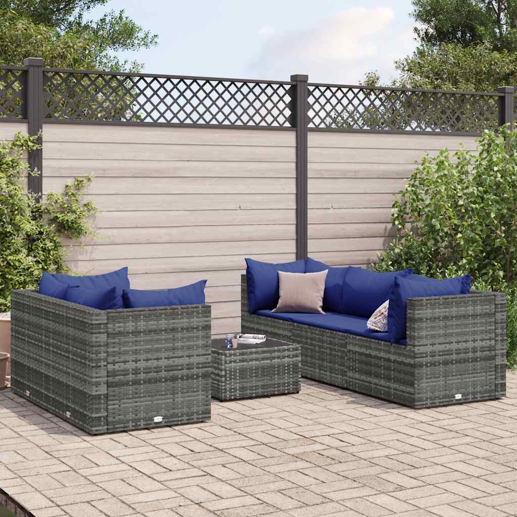 6-delige Loungeset met kussens poly rattan grijs – afbeelding 1