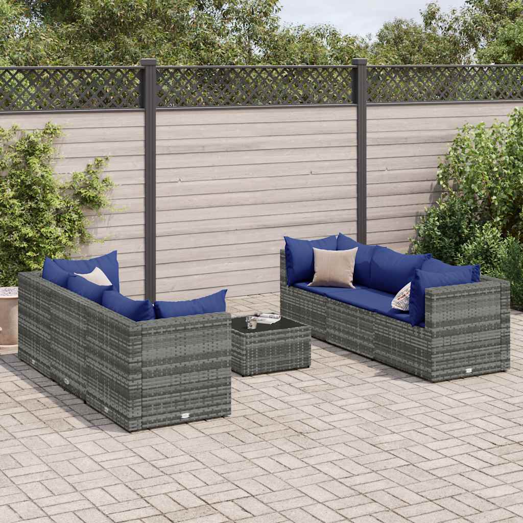 7-delige Loungeset met kussens poly rattan grijs – afbeelding 1