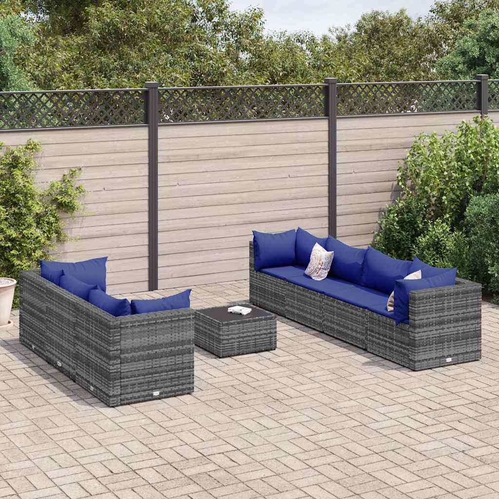 8-delige Loungeset met kussens poly rattan grijs – afbeelding 1