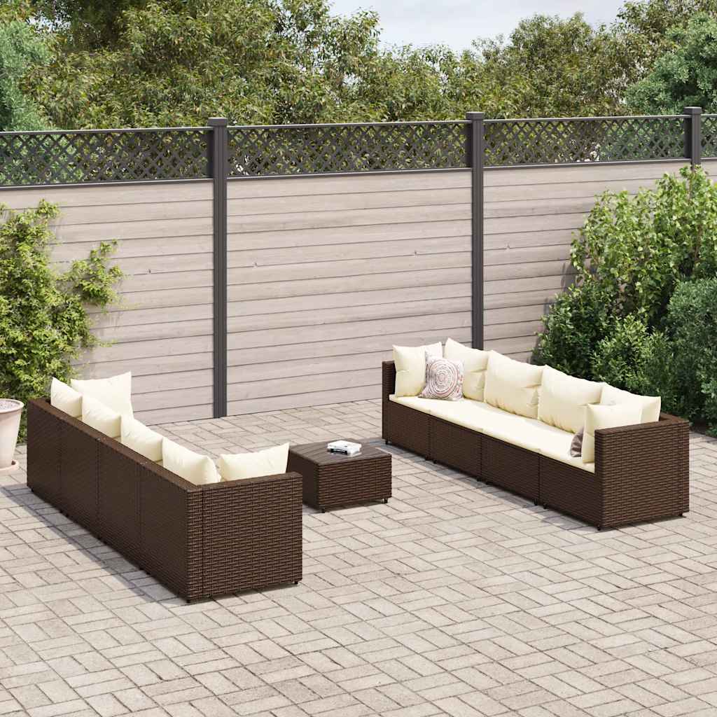 9-delige Loungeset met kussens poly rattan bruin – afbeelding 1