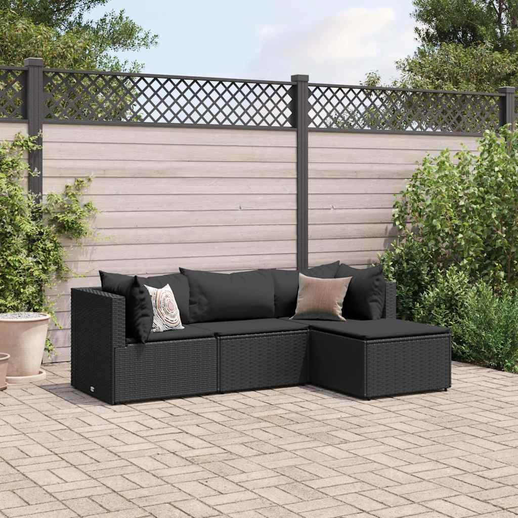 4-delige Loungeset met kussens poly rattan zwart – afbeelding 1