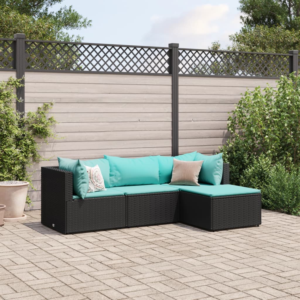 4-delige Loungeset met kussens poly rattan zwart – afbeelding 1