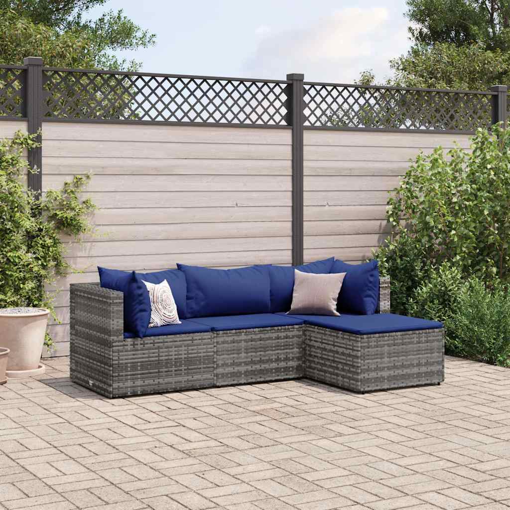 4-delige Loungeset met kussens poly rattan grijs – afbeelding 1