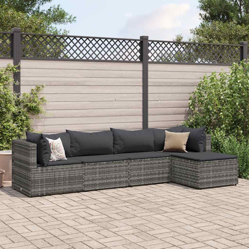 5-delige Loungeset met kussens poly rattan grijs – afbeelding 1