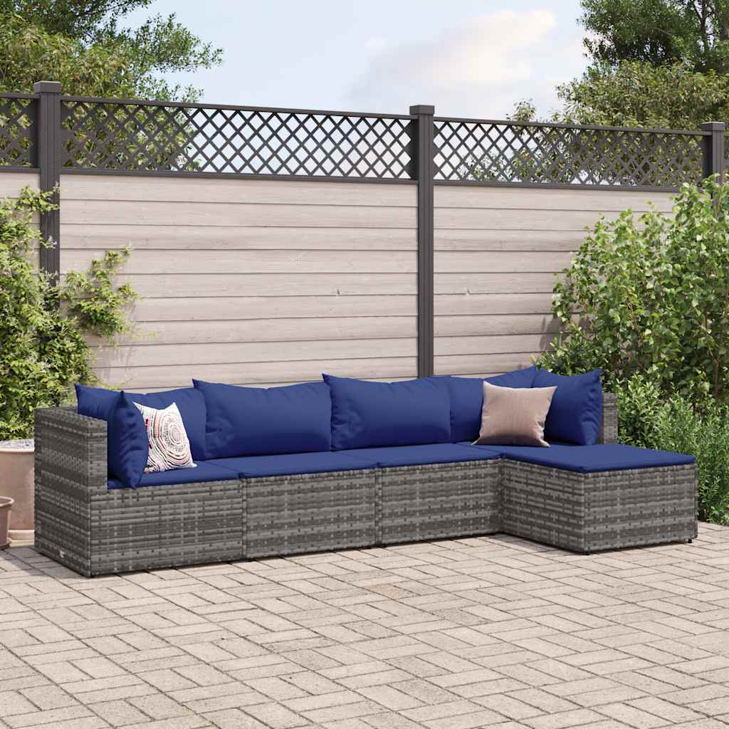 5-delige Loungeset met kussens poly rattan grijs – afbeelding 1