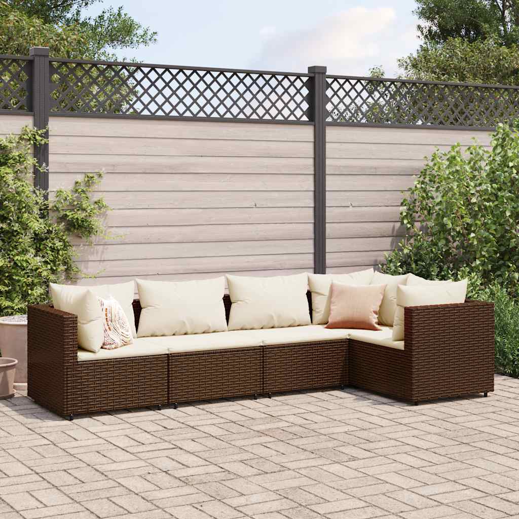 5-delige Loungeset met kussens poly rattan bruin – afbeelding 1