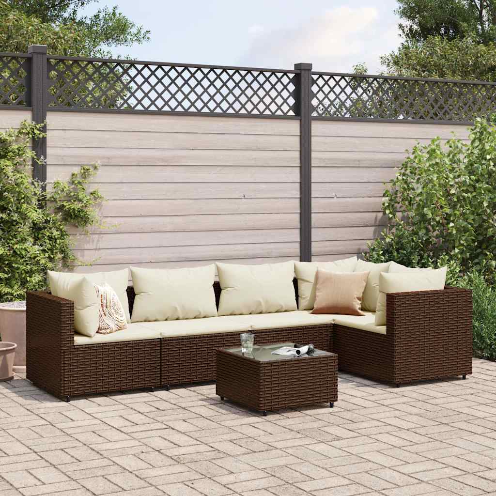 6-delige Loungeset met kussens poly rattan bruin – afbeelding 1