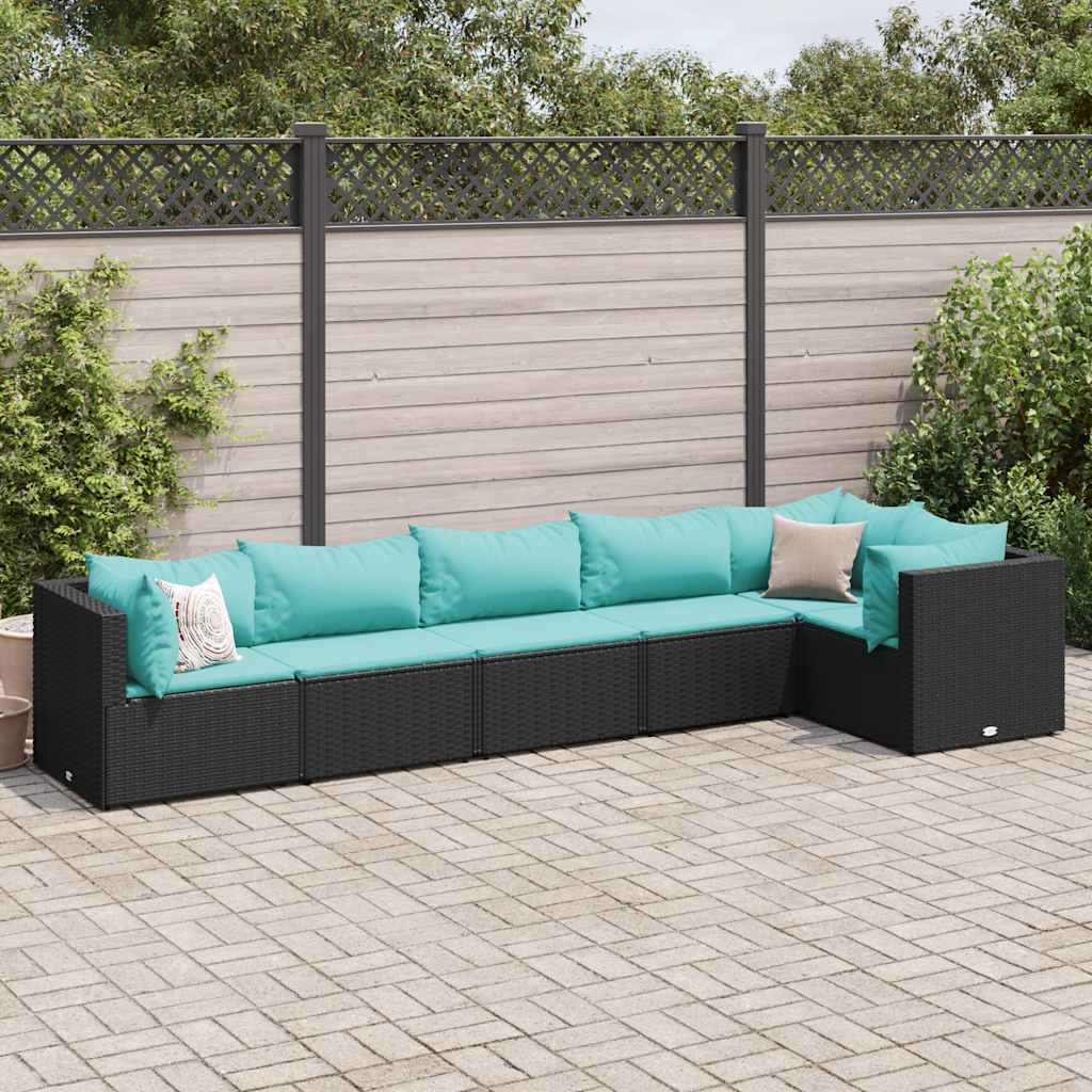6-delige Loungeset met kussens poly rattan zwart – afbeelding 1