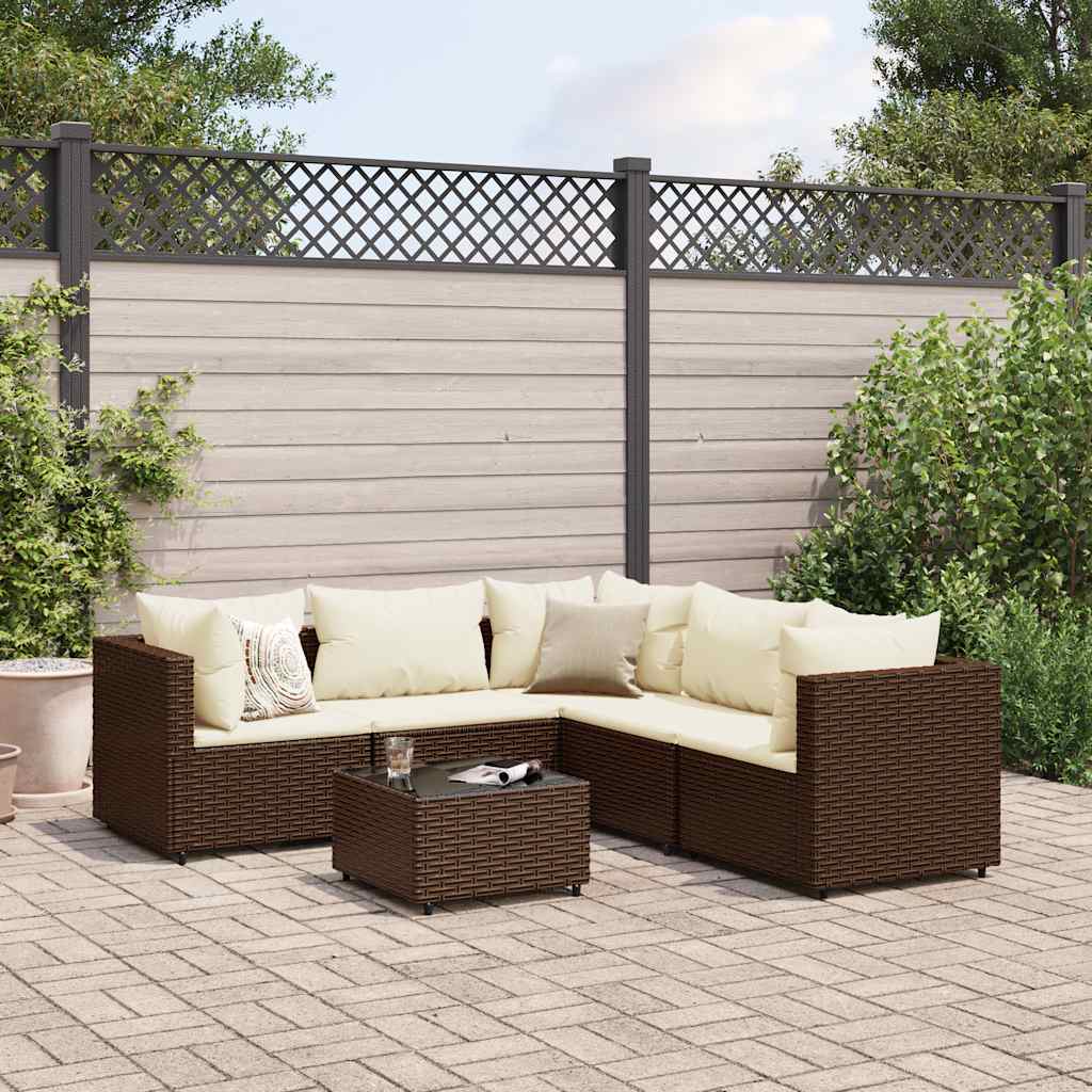6-delige Loungeset met kussens poly rattan bruin