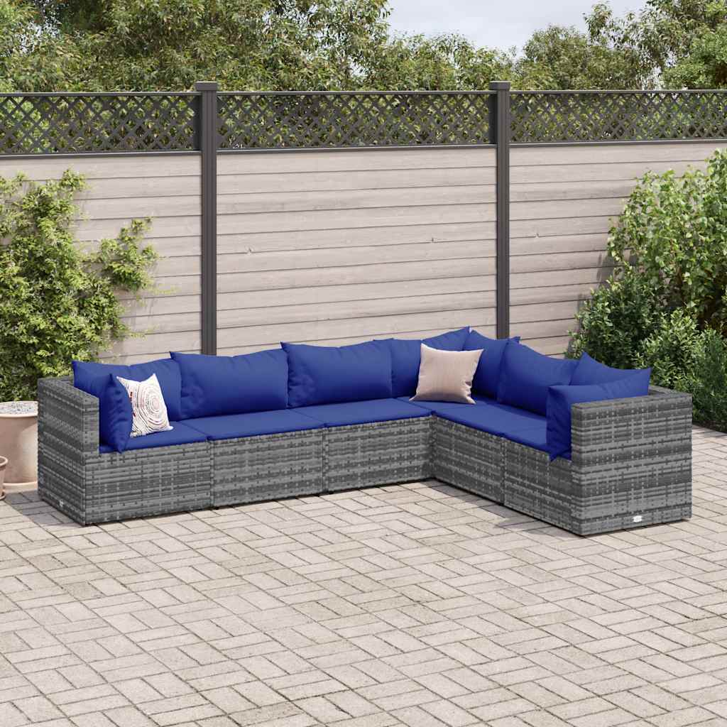 6-delige Loungeset met kussens poly rattan grijs – afbeelding 1