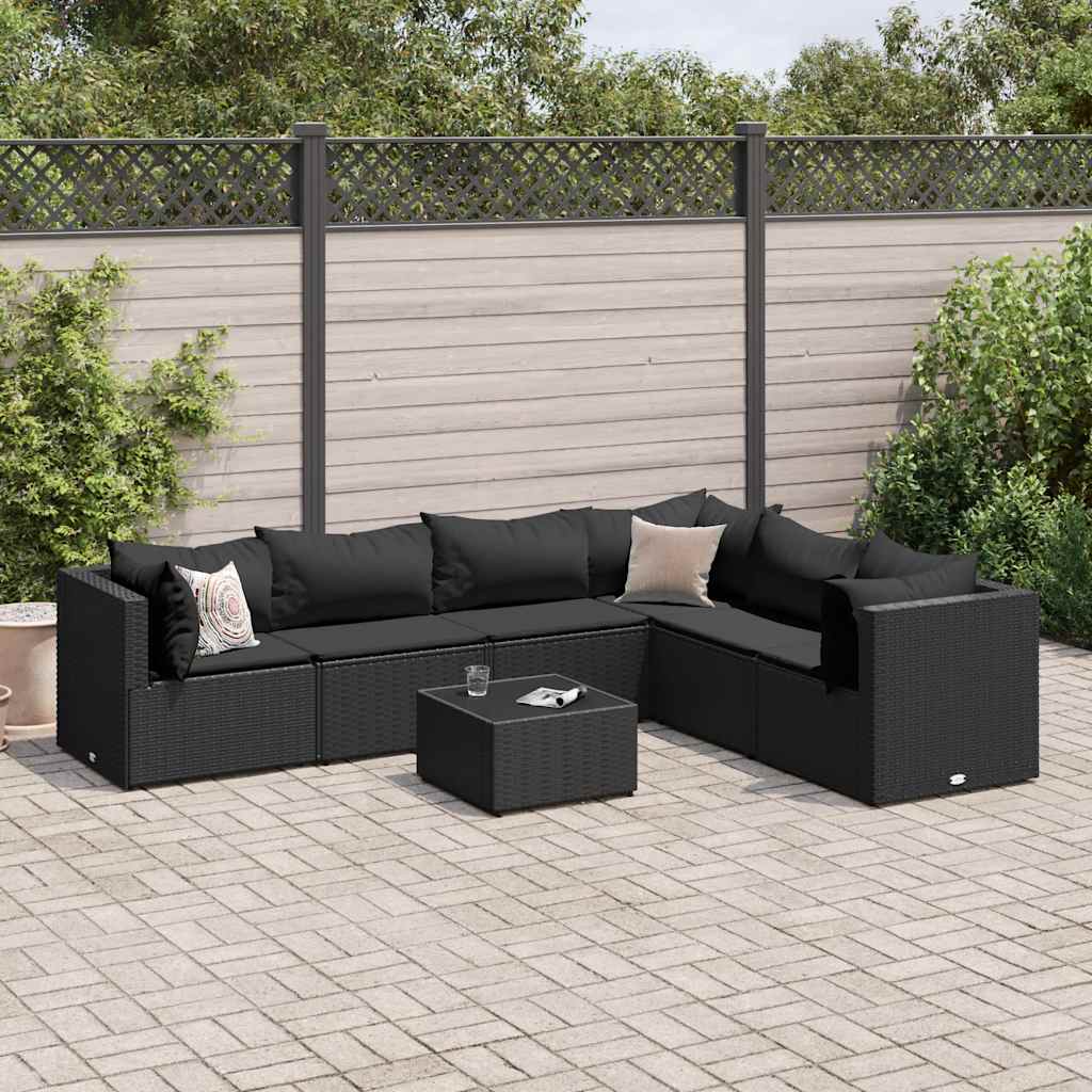7-delige Loungeset met kussens poly rattan zwart – afbeelding 1