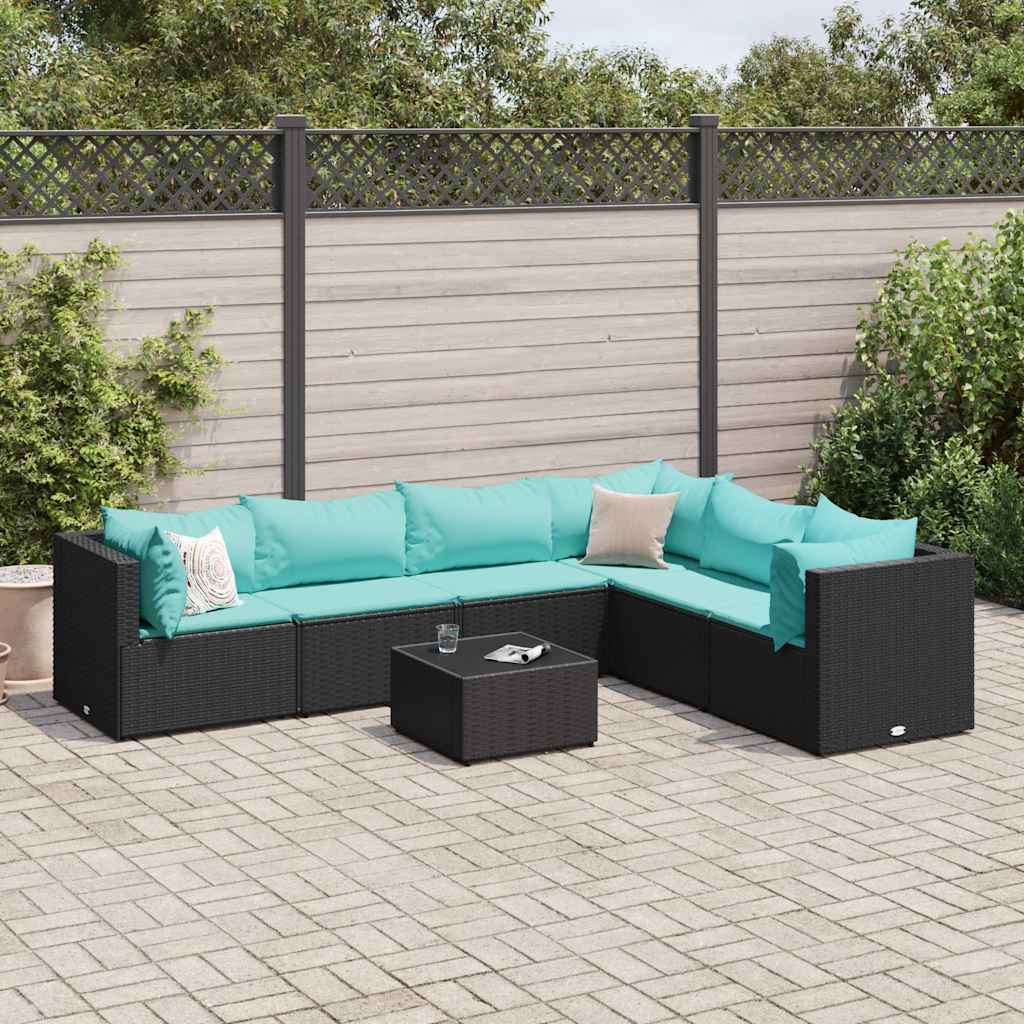 7-delige Loungeset met kussens poly rattan zwart – afbeelding 1