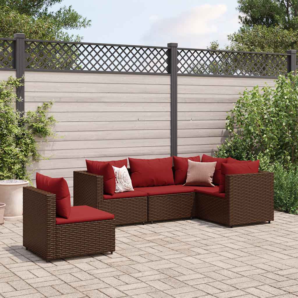 5-delige Loungeset met kussens poly rattan bruin – afbeelding 1
