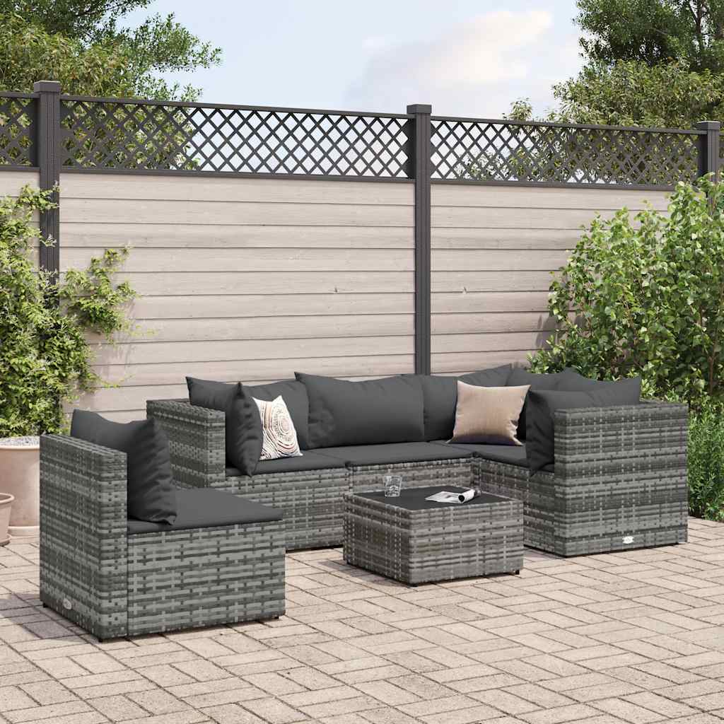 6-delige Loungeset met kussens poly rattan grijs – afbeelding 1