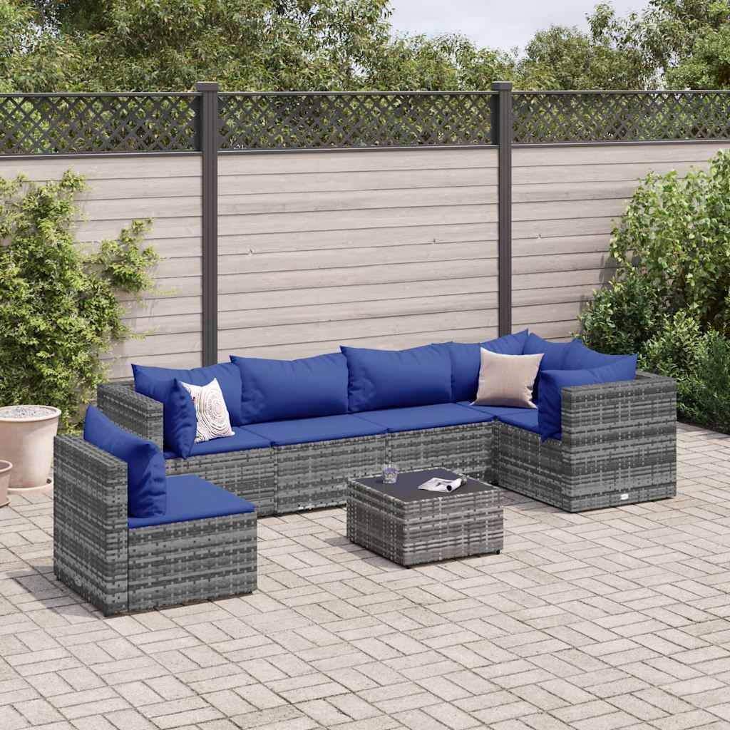 7-delige Loungeset met kussens poly rattan grijs – afbeelding 1