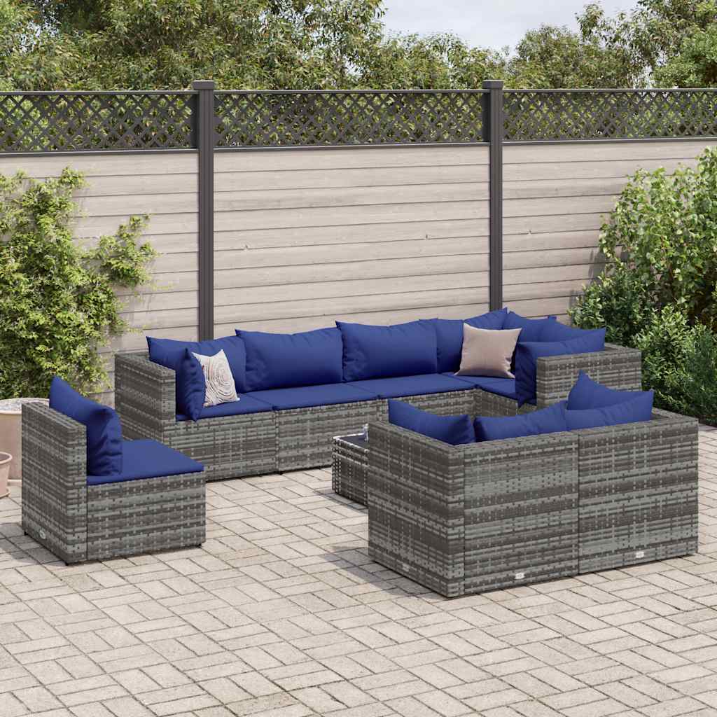 9-delige Loungeset met kussens poly rattan grijs – afbeelding 1