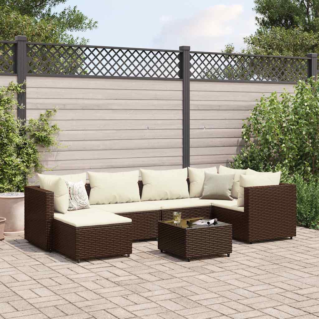 7-delige Loungeset met kussens poly rattan bruin – afbeelding 1