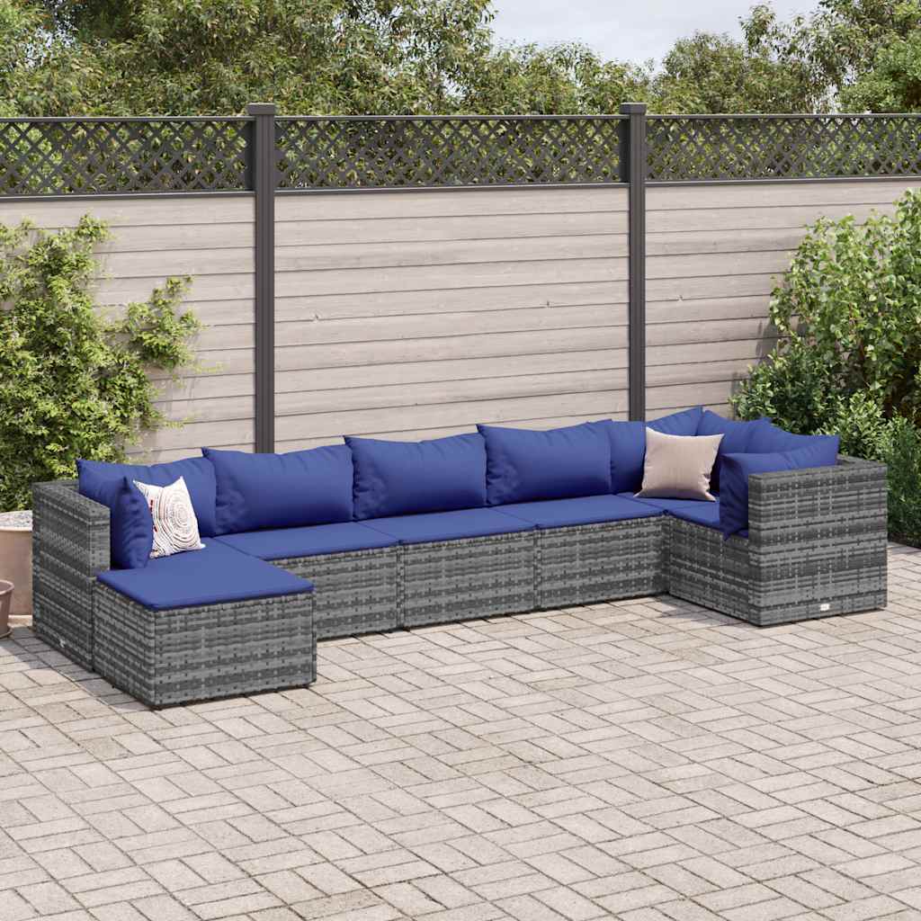 7-delige Loungeset met kussens poly rattan grijs – afbeelding 1