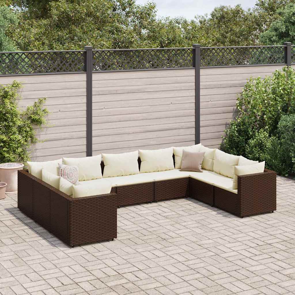 9-delige Loungeset met kussens poly rattan bruin – afbeelding 1