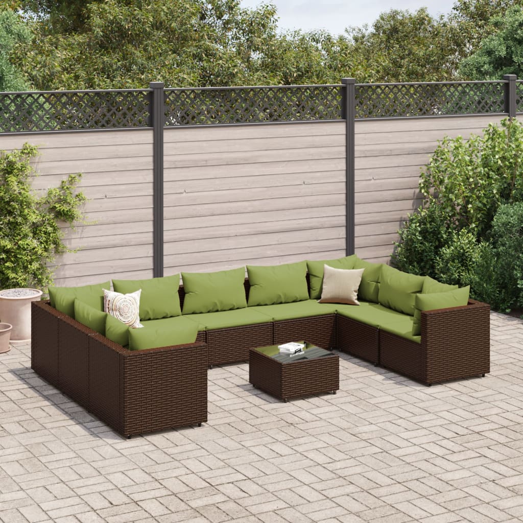 10-delige Loungeset met kussens poly rattan bruin – afbeelding 1