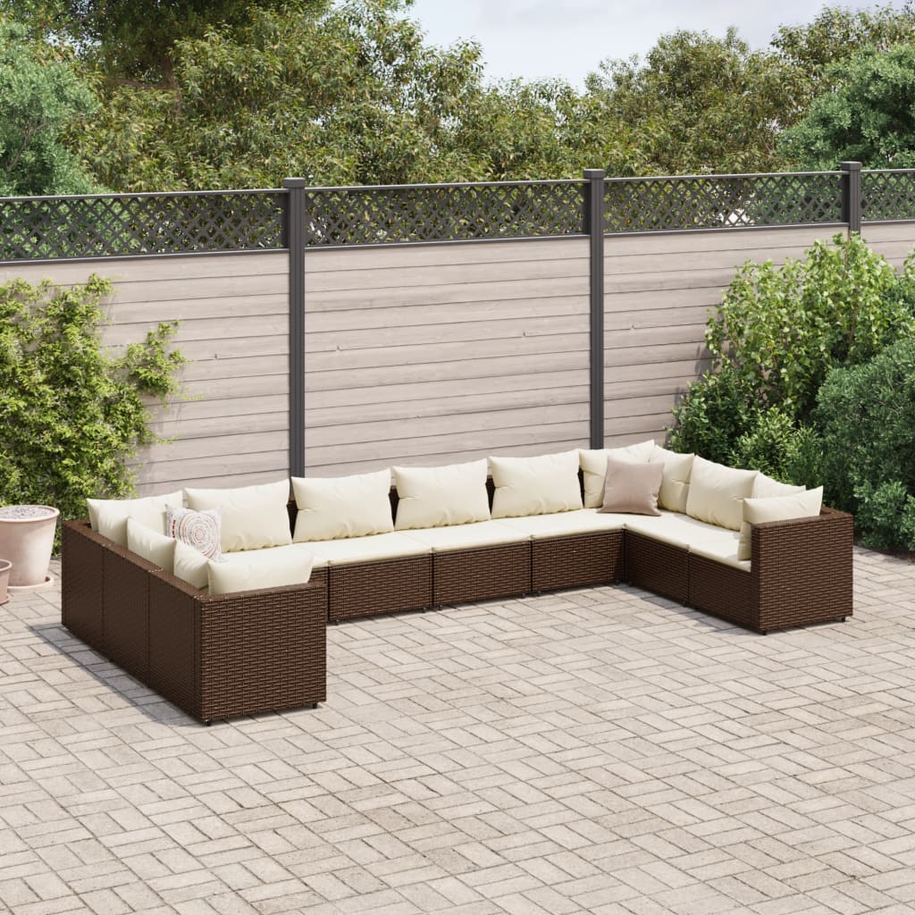 10-delige Loungeset met kussens poly rattan bruin – afbeelding 1
