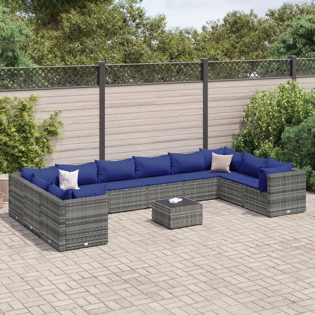 11-delige Loungeset met kussens poly rattan grijs – afbeelding 1