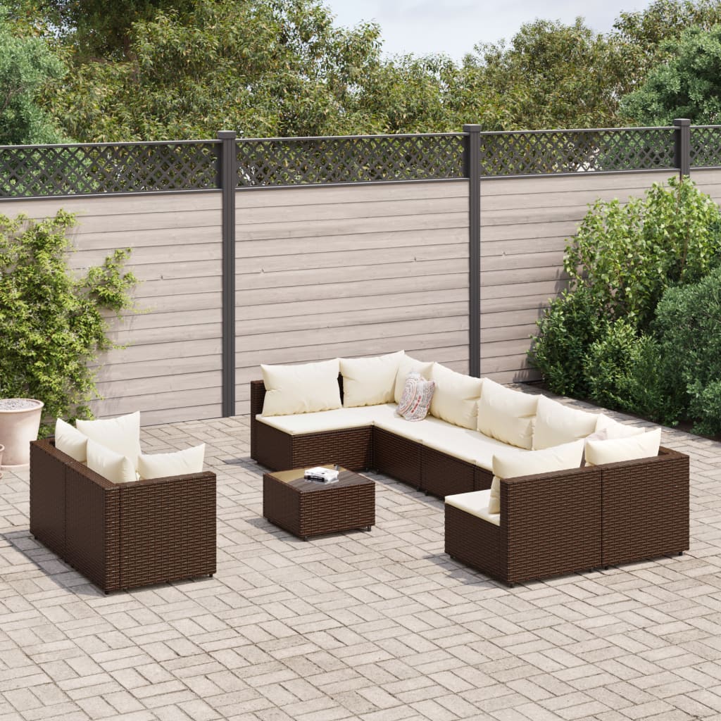 10-delige Loungeset met kussens poly rattan bruin – afbeelding 1