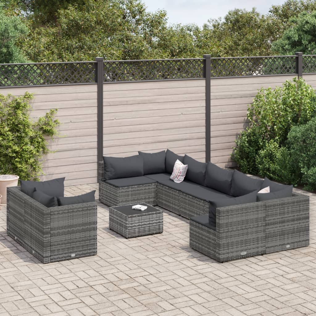 10-delige Loungeset met kussens poly rattan grijs – afbeelding 1