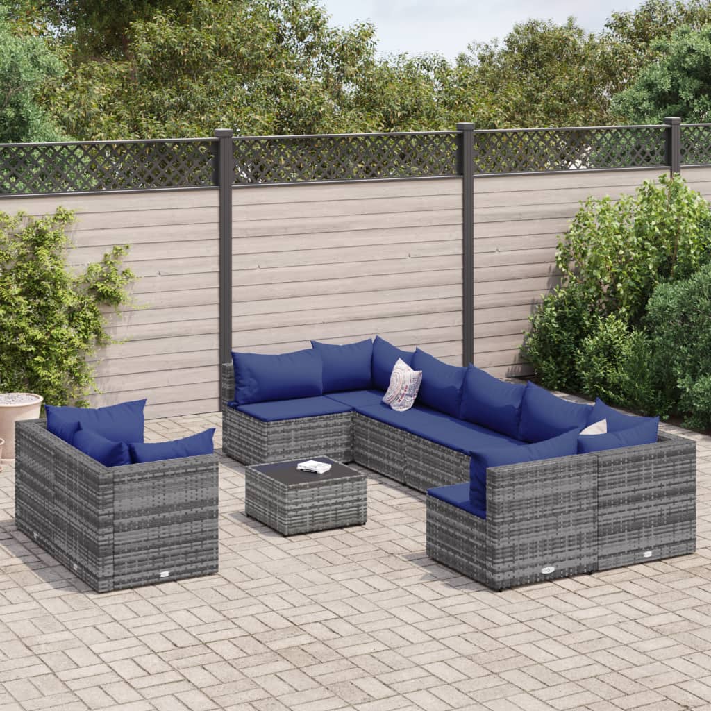 10-delige Loungeset met kussens poly rattan grijs – afbeelding 1