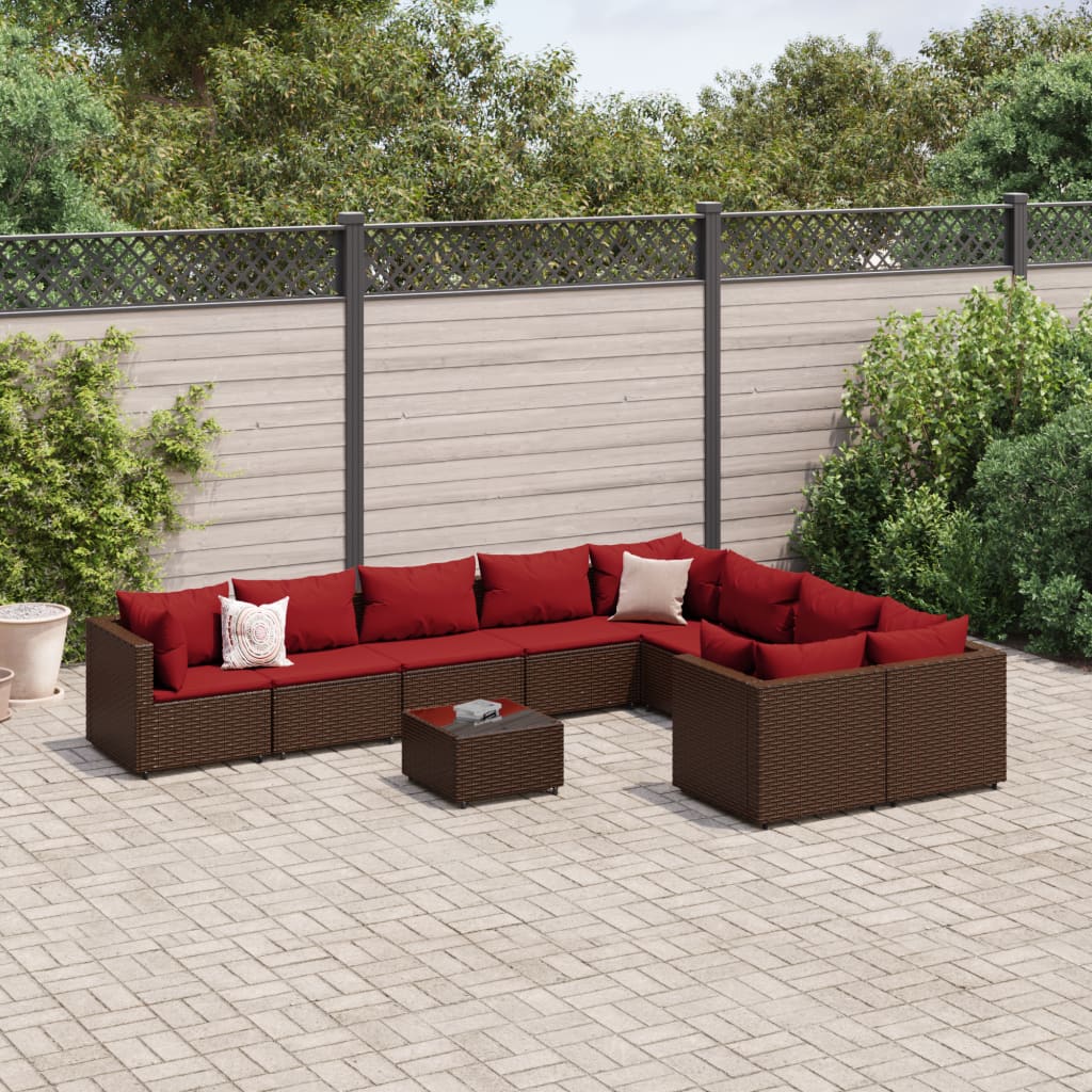 10-delige Loungeset met kussens poly rattan bruin – afbeelding 1