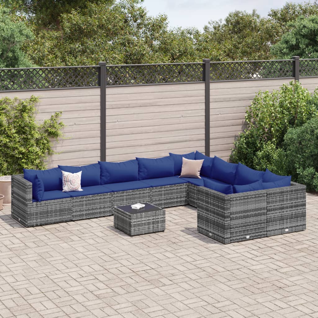 10-delige Loungeset met kussens poly rattan grijs – afbeelding 1