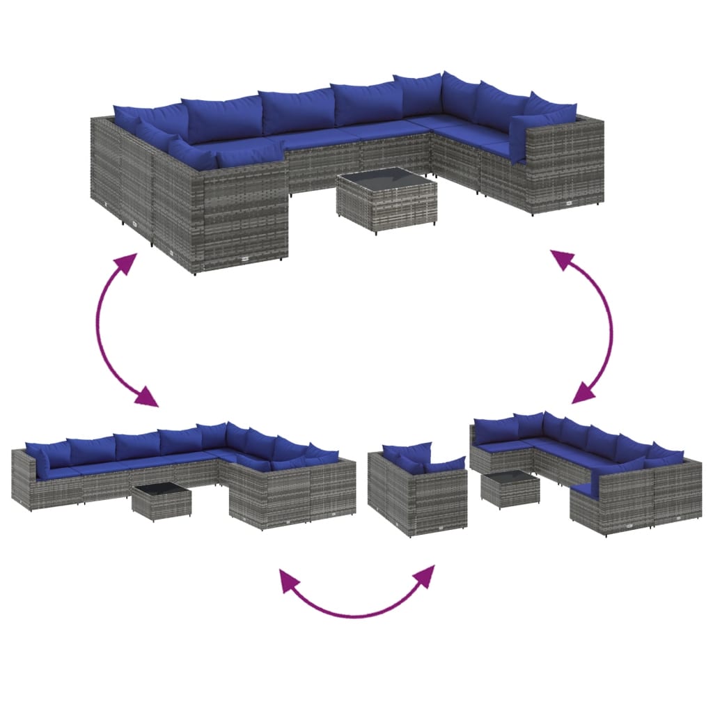 10-delige Loungeset met kussens poly rattan grijs – afbeelding 6