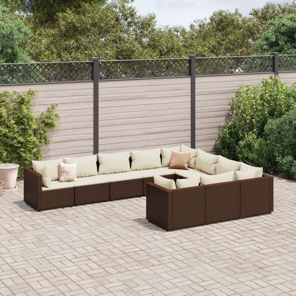 10-delige Loungeset met kussens poly rattan bruin – afbeelding 1