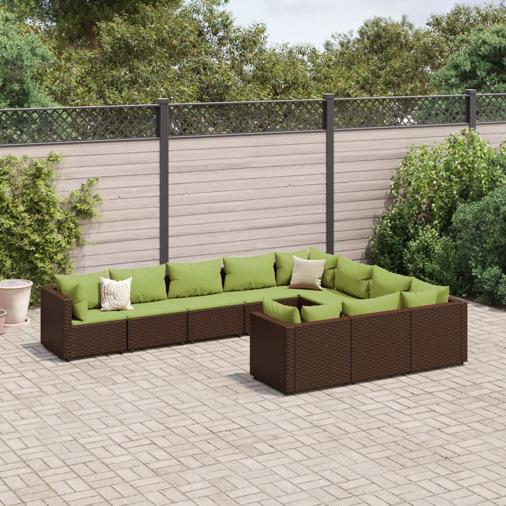 10-delige Loungeset met kussens poly rattan bruin – afbeelding 1