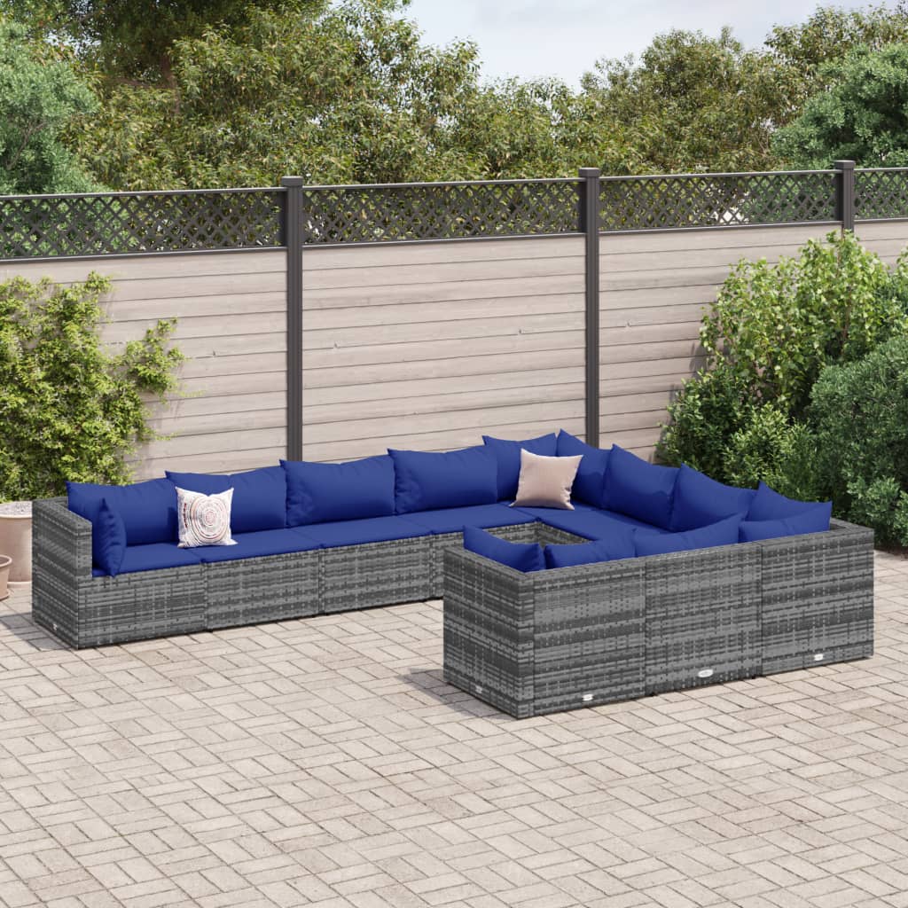 10-delige Loungeset met kussens poly rattan grijs – afbeelding 1