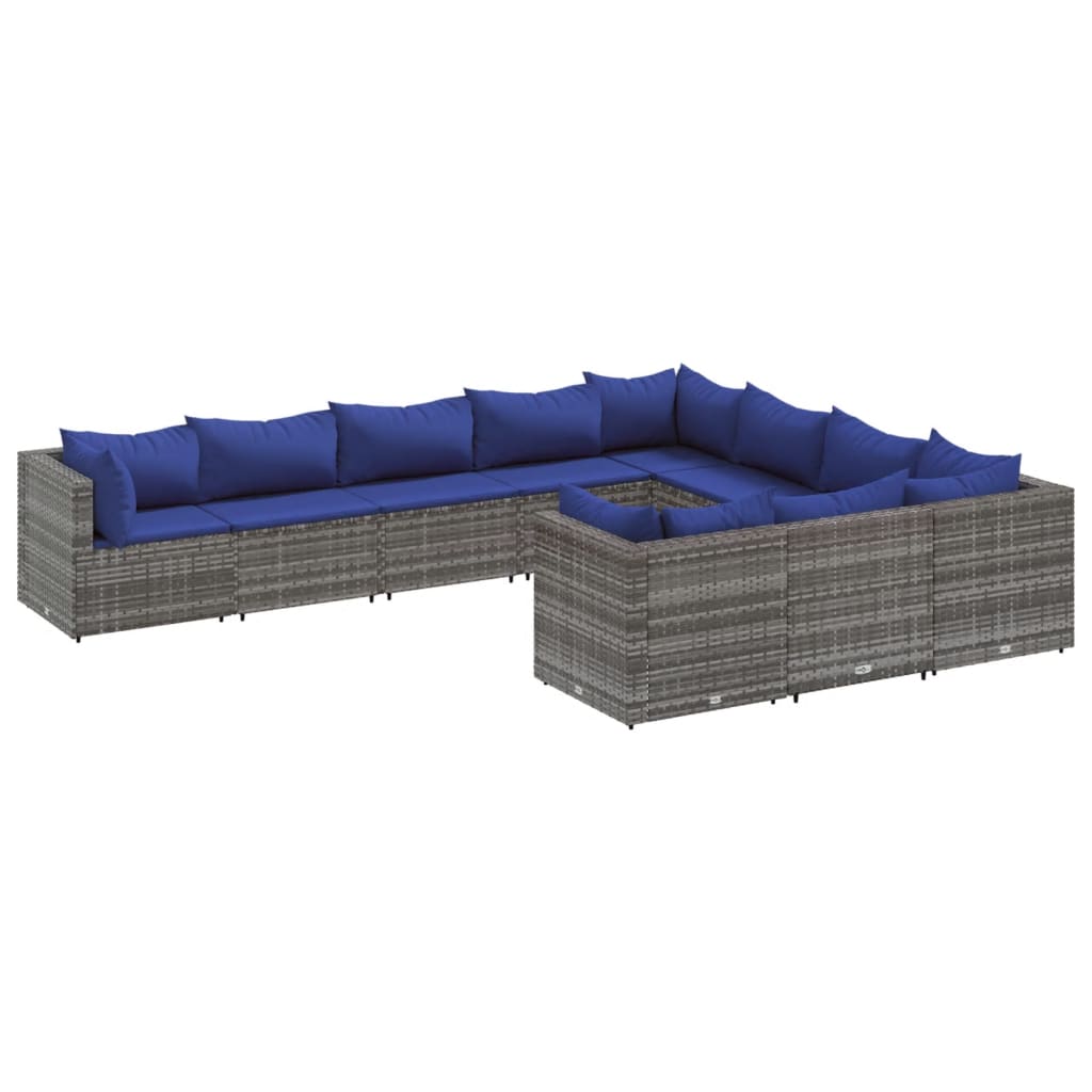 10-delige Loungeset met kussens poly rattan grijs – afbeelding 2