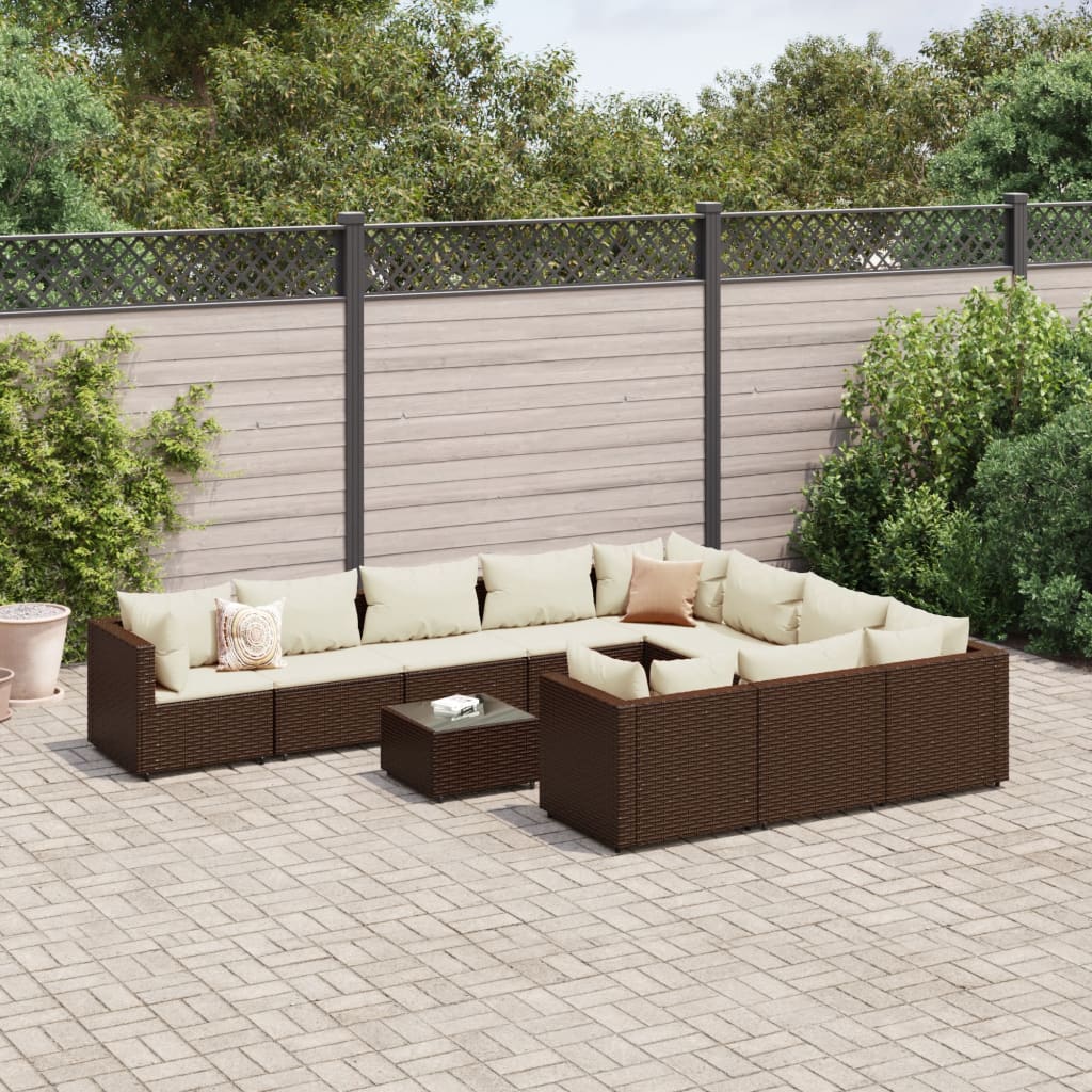 11-delige Loungeset met kussens poly rattan bruin – afbeelding 1