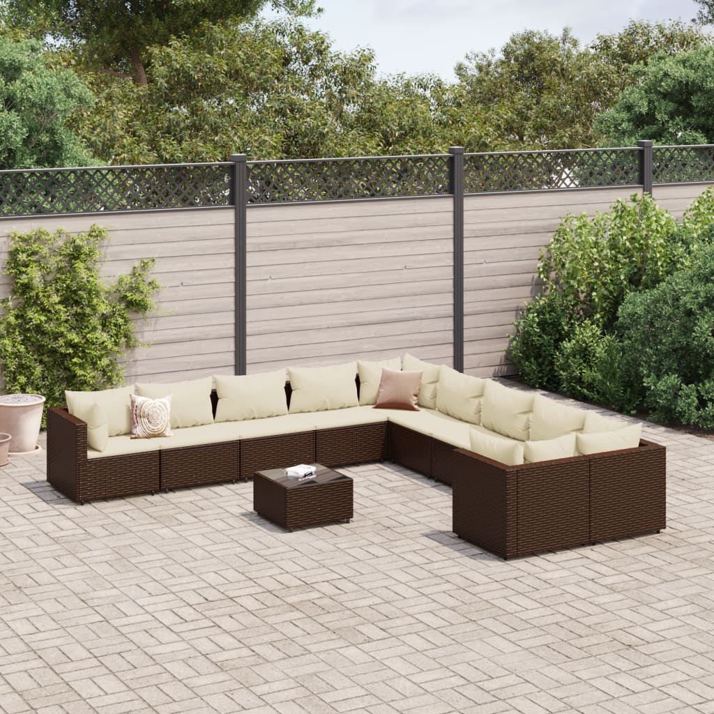 11-delige Loungeset met kussens poly rattan bruin – afbeelding 1