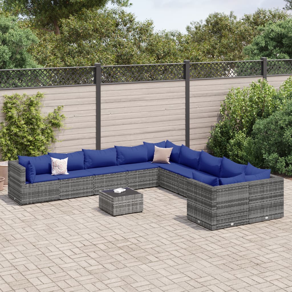 11-delige Loungeset met kussens poly rattan grijs – afbeelding 1