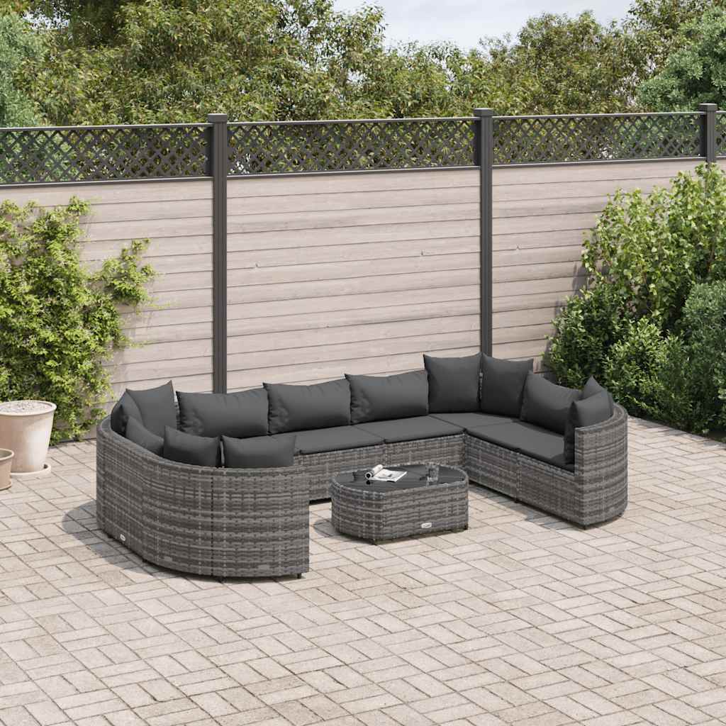 10-delige Loungeset met kussens poly rattan grijs – afbeelding 1