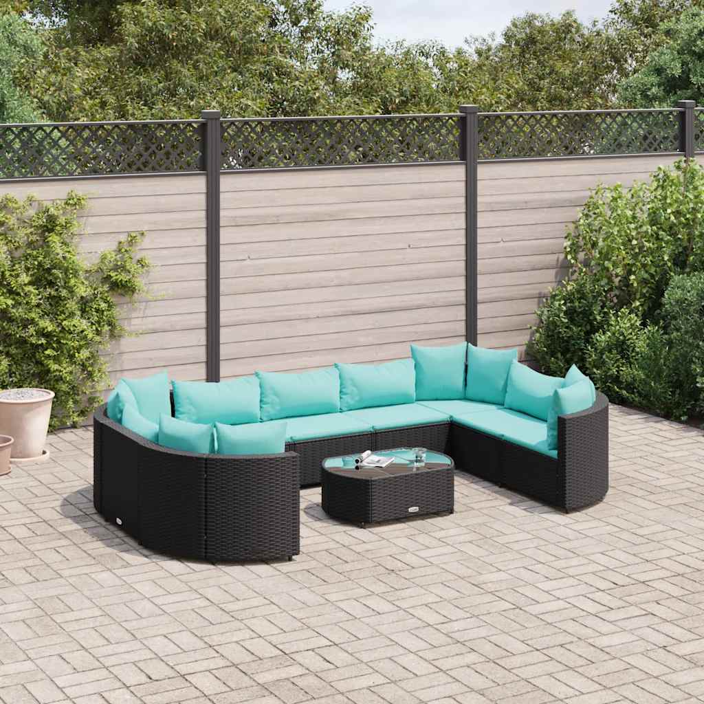 10-delige Loungeset met kussens poly rattan zwart – afbeelding 1