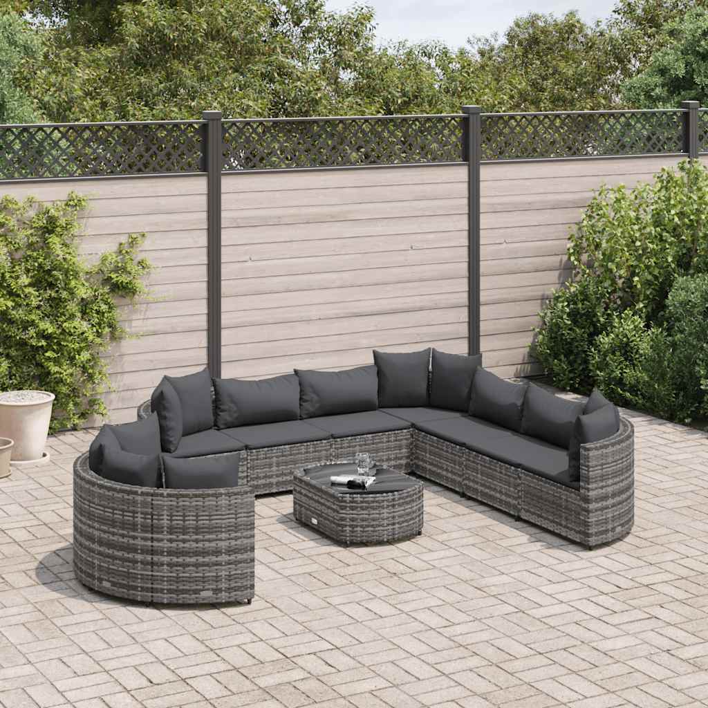 10-delige Loungeset met kussens poly rattan grijs – afbeelding 1