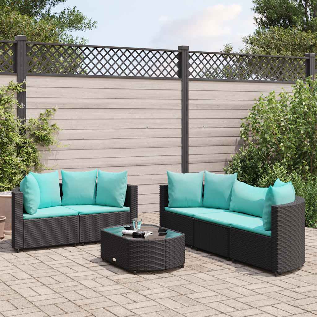 6-delige Loungeset met kussens poly rattan zwart – afbeelding 1