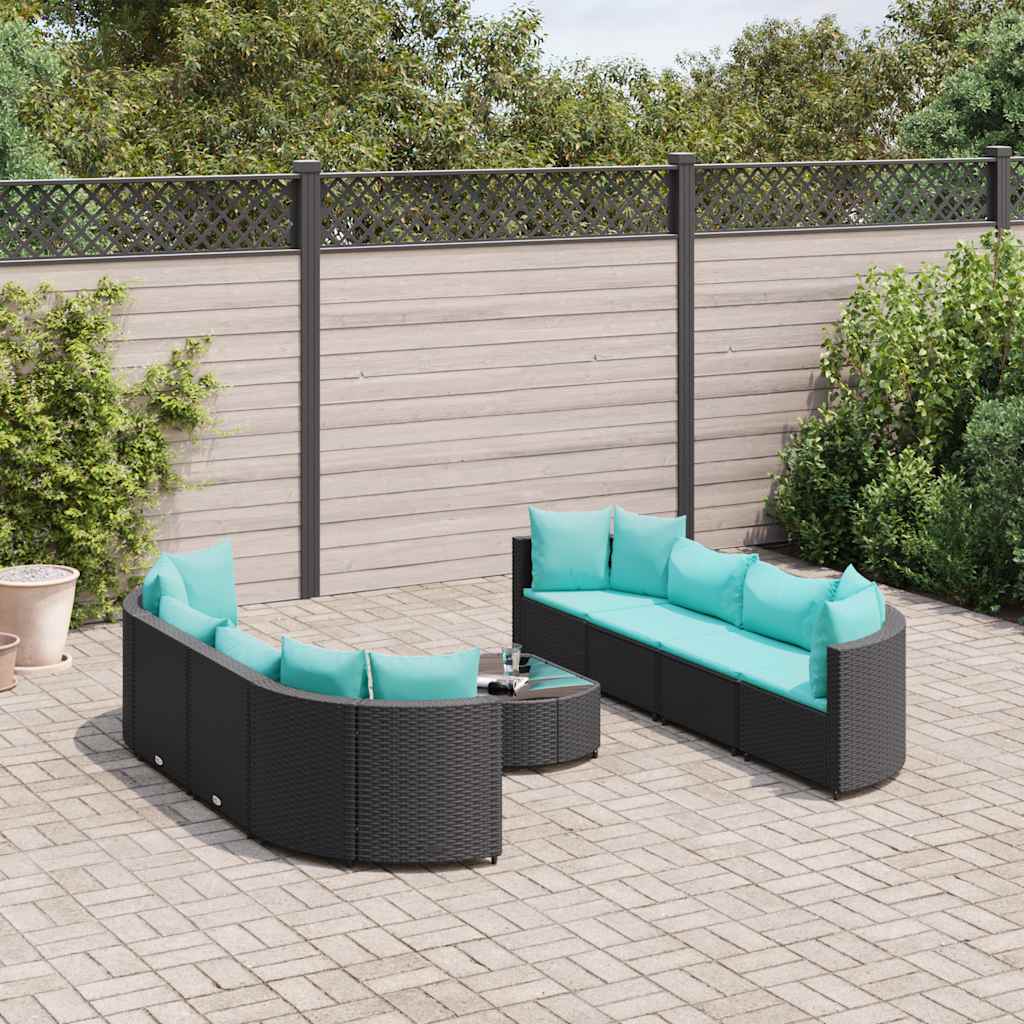 9-delige Loungeset met kussens poly rattan zwart – afbeelding 1