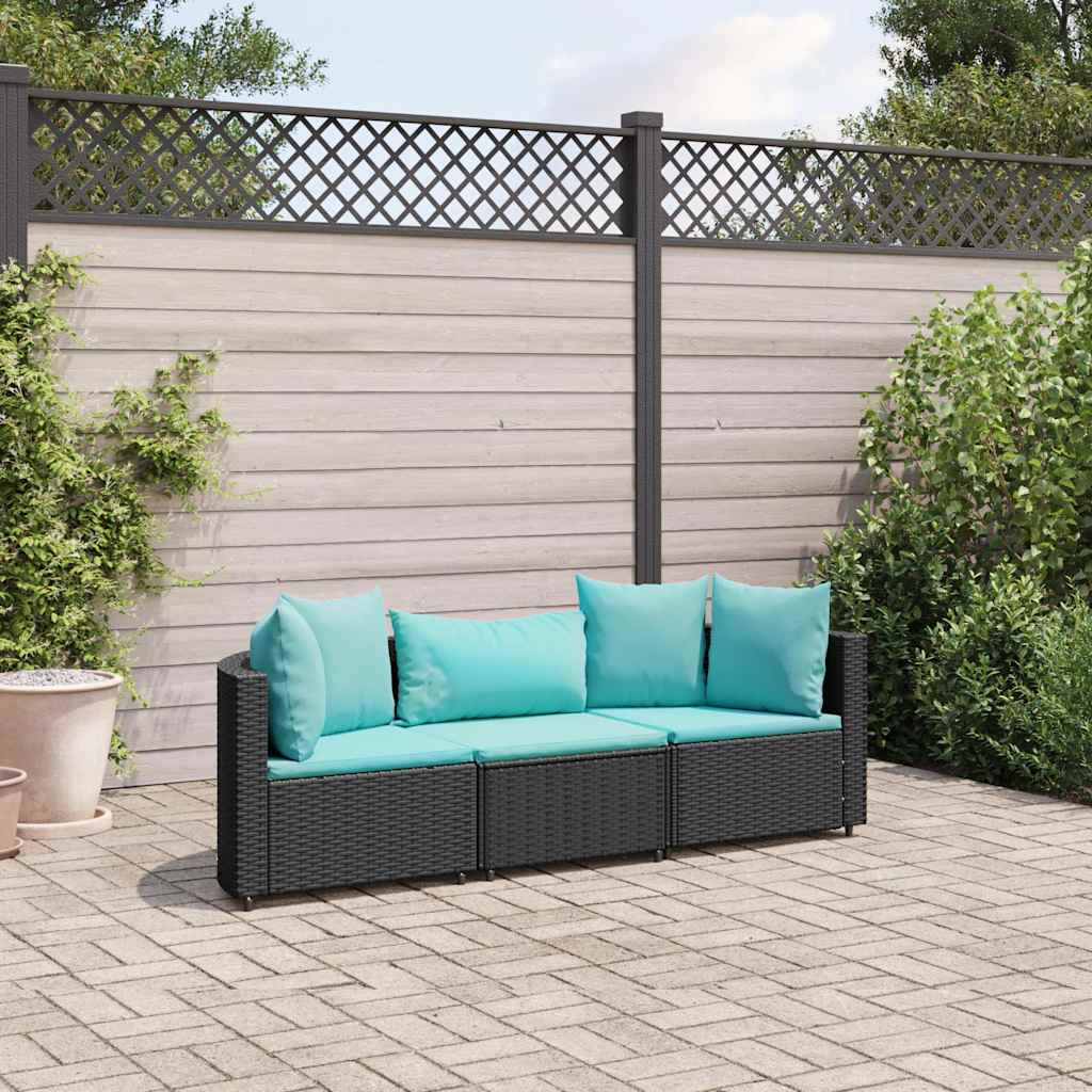 3-delige Loungeset met kussens poly rattan zwart – afbeelding 1