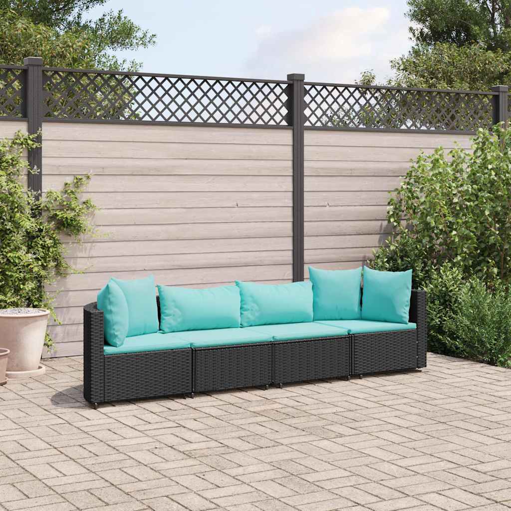 4-delige Loungeset met kussens poly rattan zwart – afbeelding 1