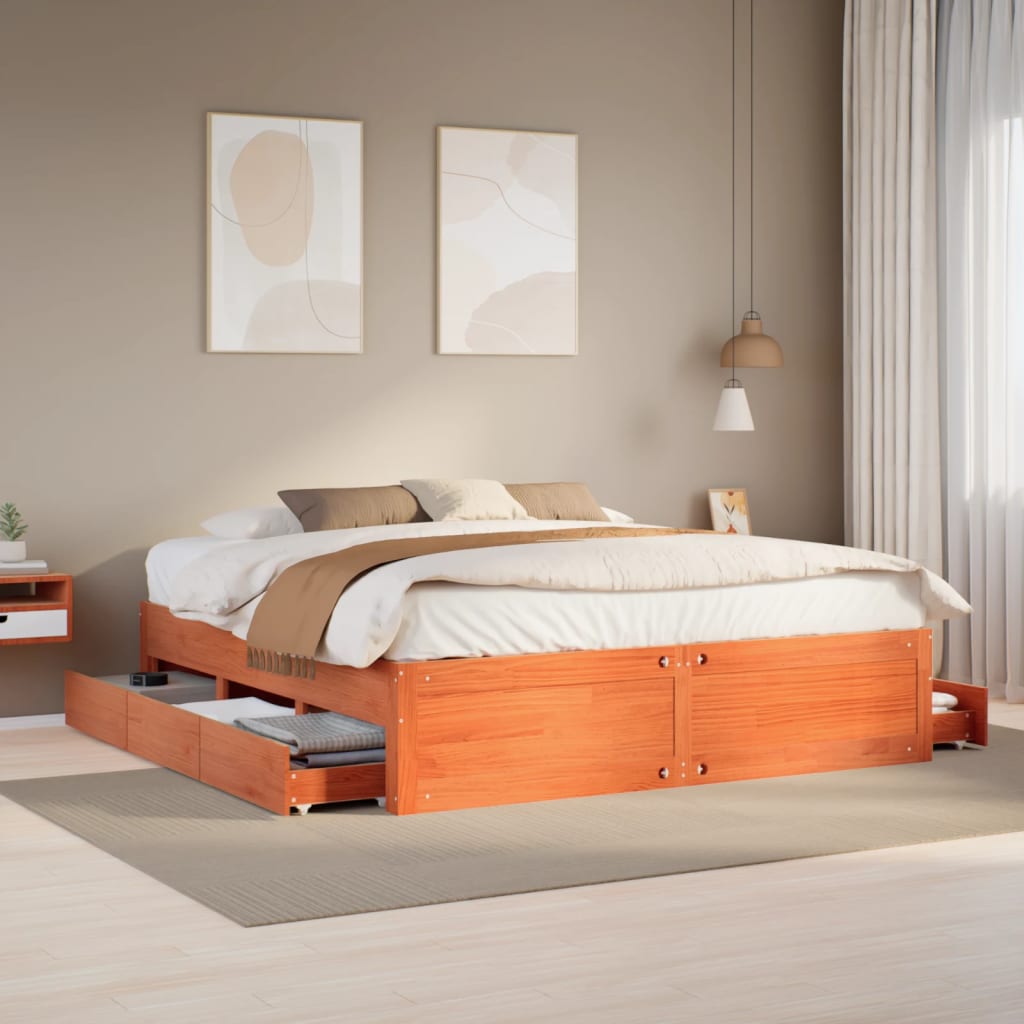 Bedframe zonder matras met lades grenenhout wasbruin 180x200 cm – afbeelding 1