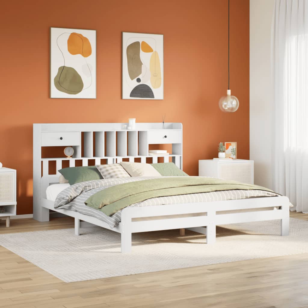 Bed met boekenkast zonder matras grenenhout wit 180x200 cm – afbeelding 1